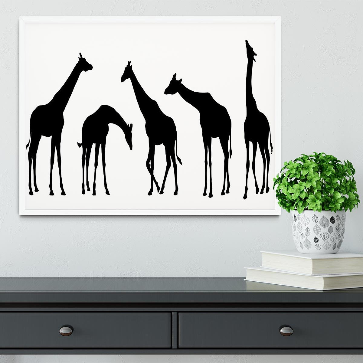 Giraffe silhouettes on the white background Framed Print - Canvas Art Rocks -6