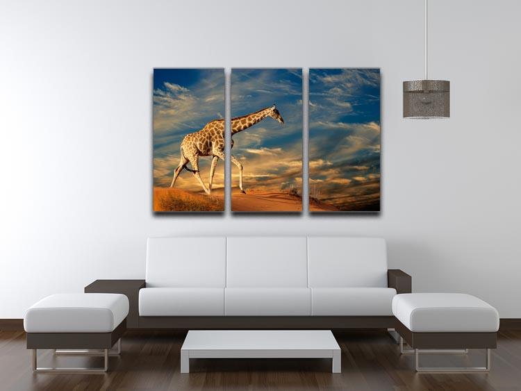 Giraffe walking on a sand dune with clouds South Africa 3 Split Panel Canvas Print - Canvas Art Rocks - 3