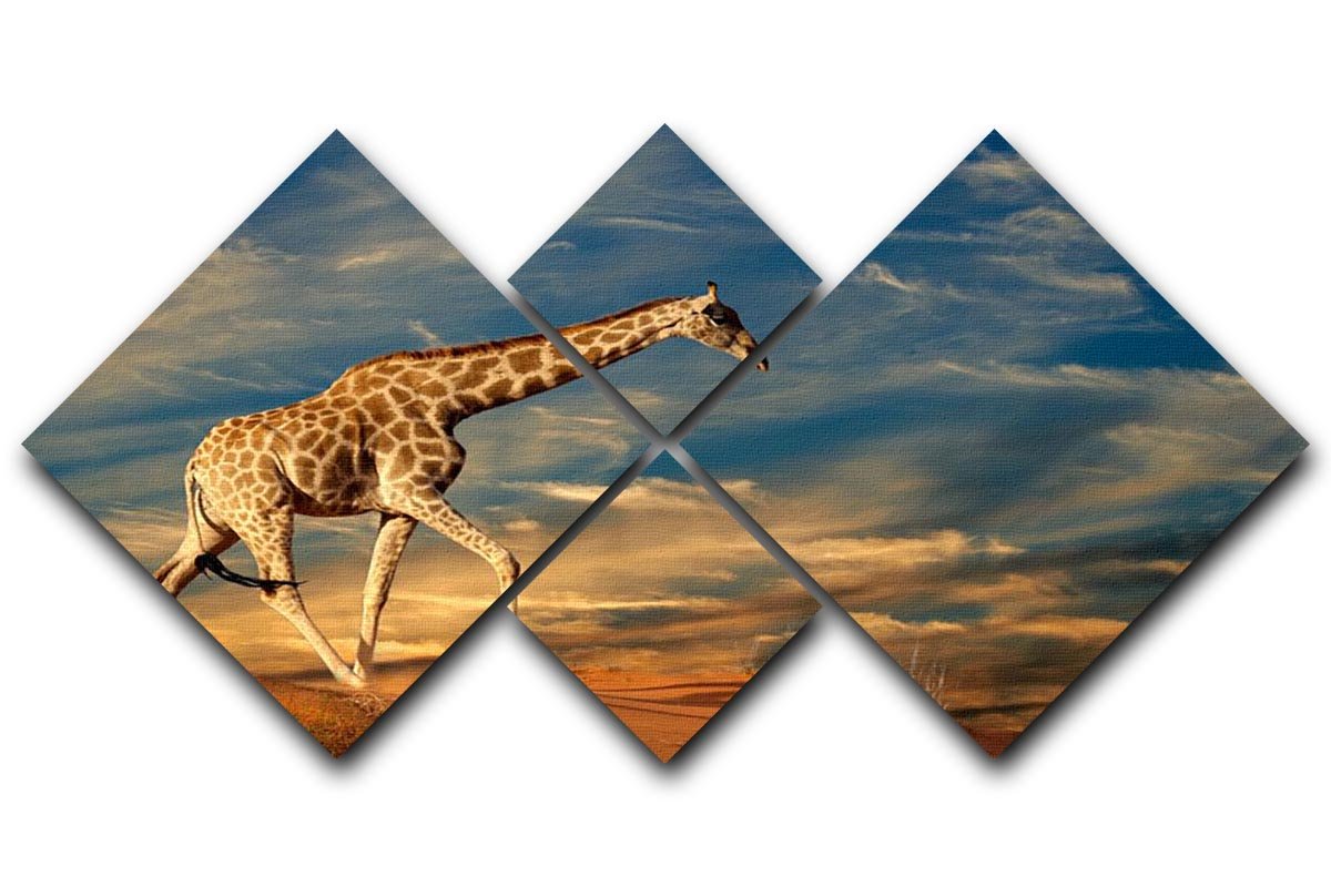 Giraffe walking on a sand dune with clouds South Africa 4 Square Multi Panel Canvas - Canvas Art Rocks - 1