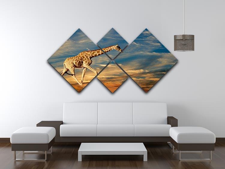 Giraffe walking on a sand dune with clouds South Africa 4 Square Multi Panel Canvas - Canvas Art Rocks - 3