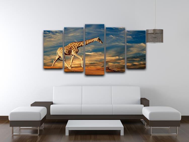 Giraffe walking on a sand dune with clouds South Africa 5 Split Panel Canvas - Canvas Art Rocks - 3