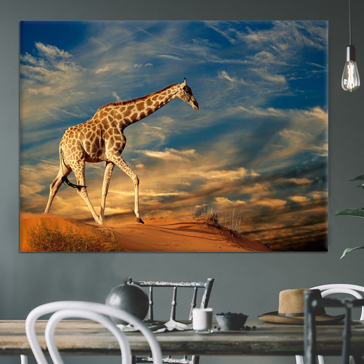 Giraffe walking on a sand dune with clouds South Africa Canvas Print or Poster