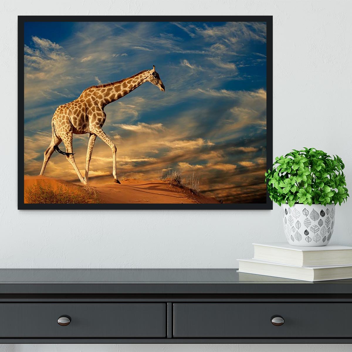 Giraffe walking on a sand dune with clouds South Africa Framed Print - Canvas Art Rocks - 2