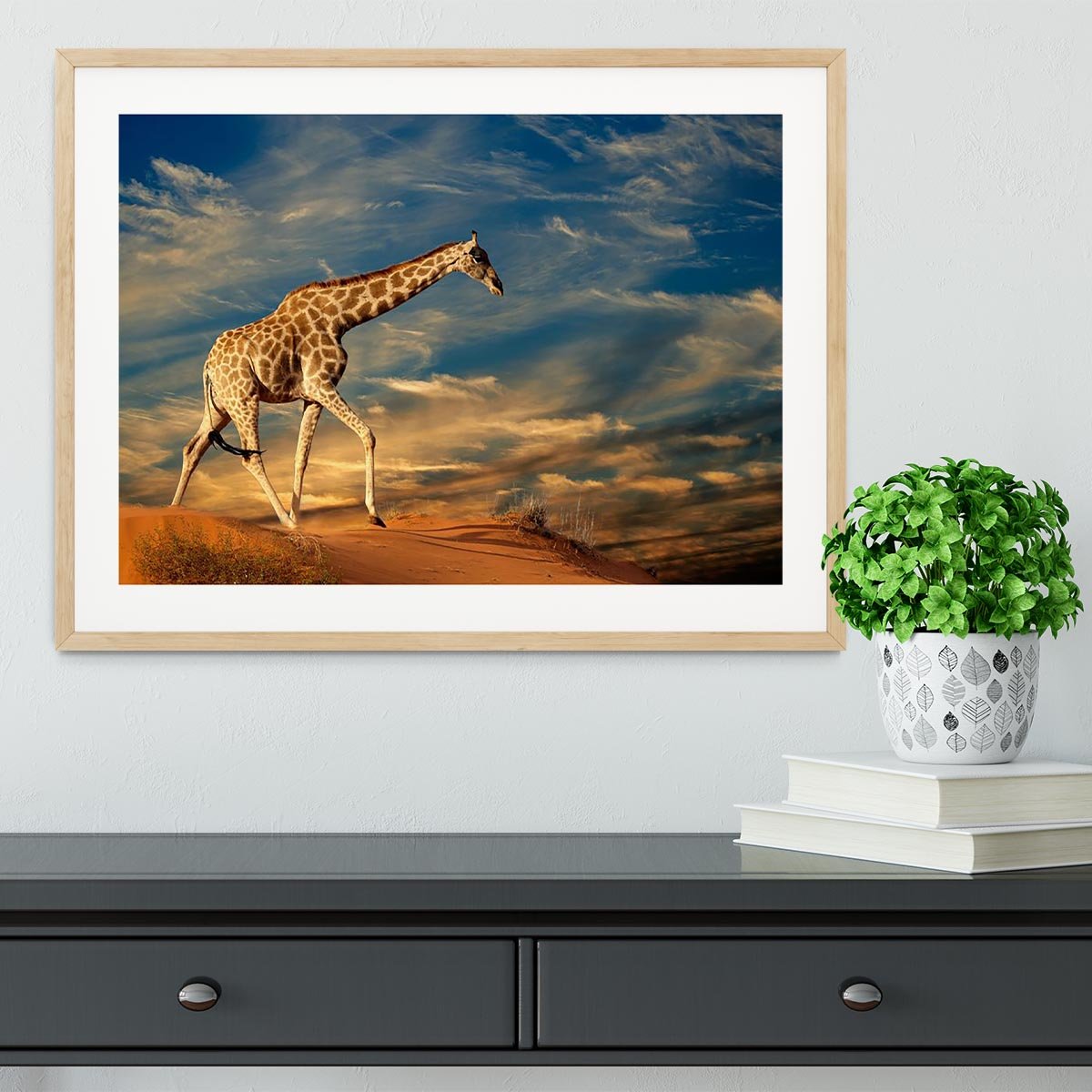 Giraffe walking on a sand dune with clouds South Africa Framed Print - Canvas Art Rocks - 3
