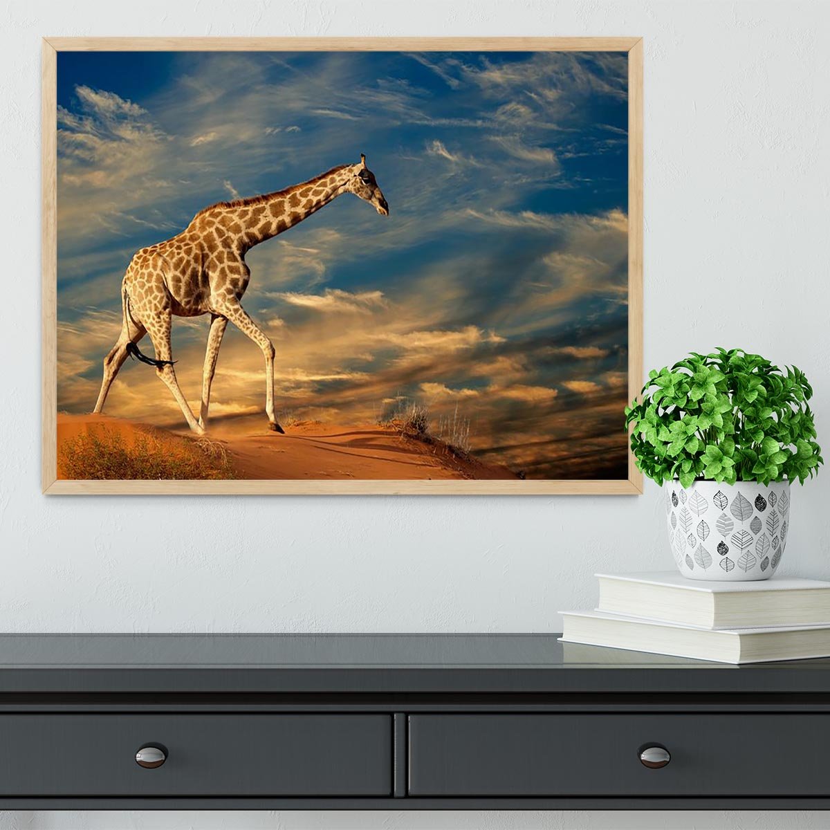 Giraffe walking on a sand dune with clouds South Africa Framed Print - Canvas Art Rocks - 4