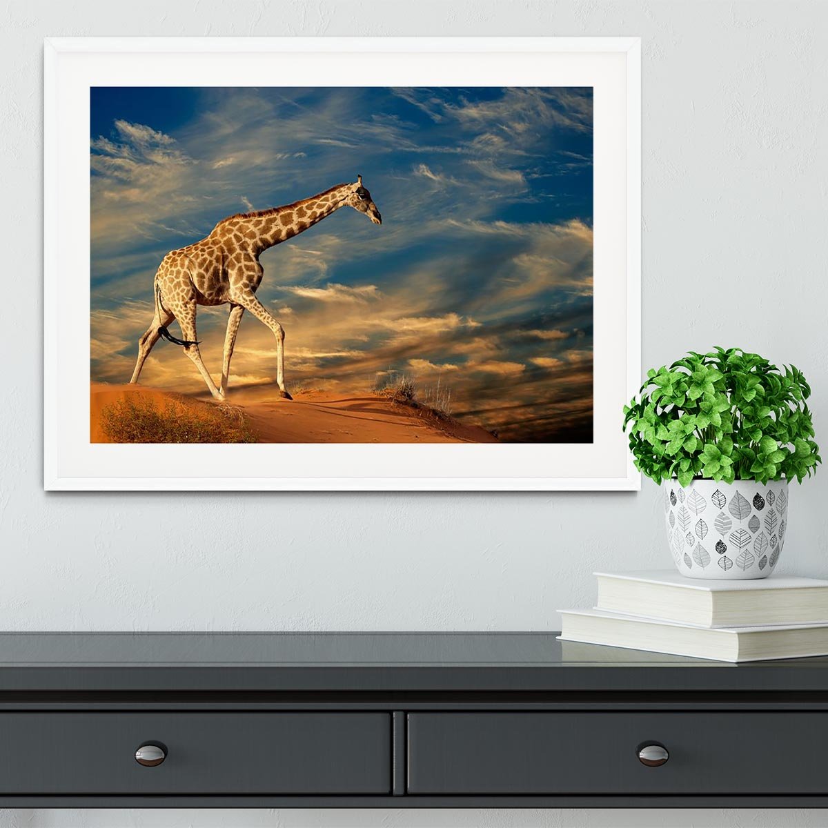 Giraffe walking on a sand dune with clouds South Africa Framed Print - Canvas Art Rocks - 5
