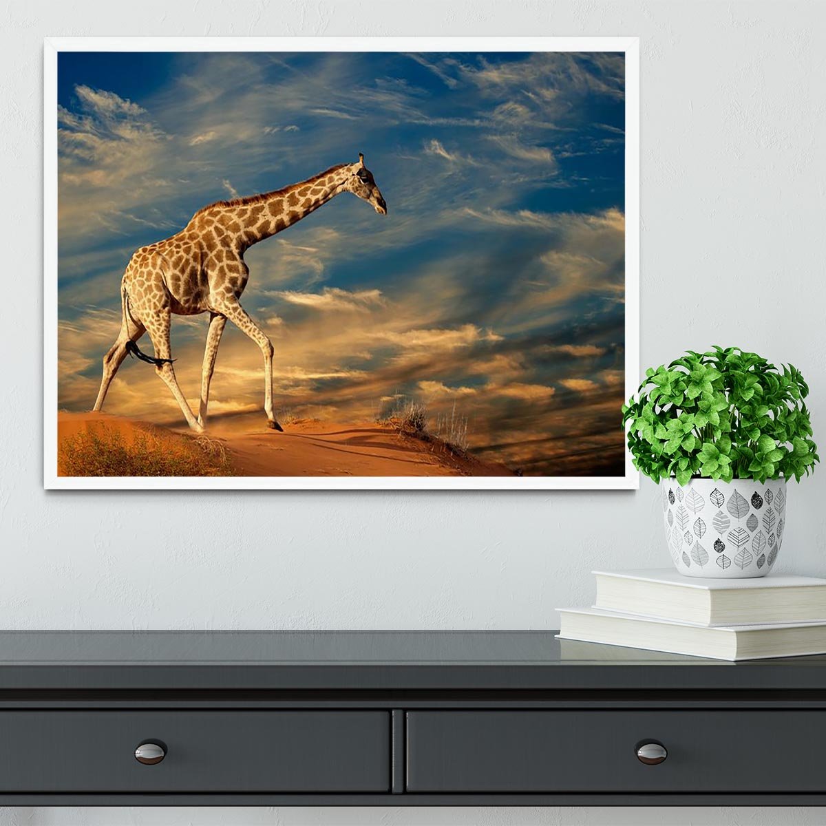 Giraffe walking on a sand dune with clouds South Africa Framed Print - Canvas Art Rocks -6