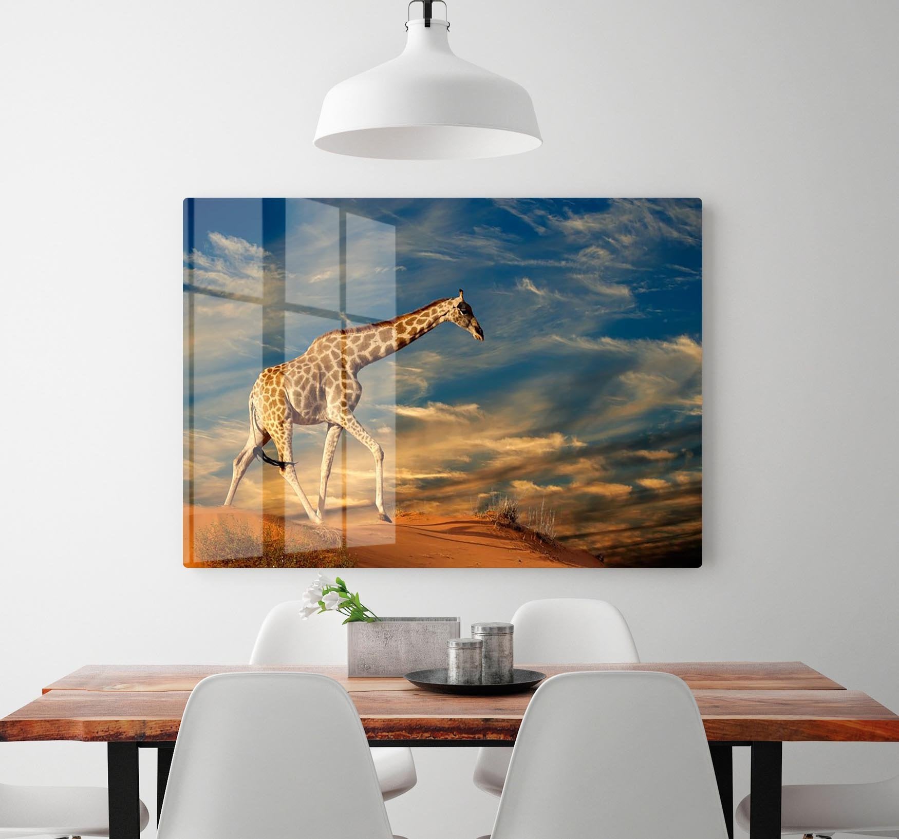 Giraffe walking on a sand dune with clouds South Africa HD Metal Print - Canvas Art Rocks - 2