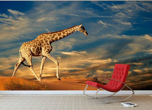 Giraffe walking on a sand dune with clouds South Africa Wall Mural Wallpaper - Canvas Art Rocks - 2