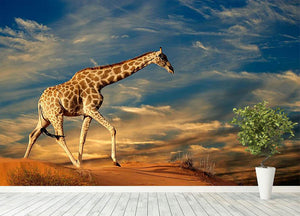 Giraffe walking on a sand dune with clouds South Africa Wall Mural Wallpaper - Canvas Art Rocks - 4