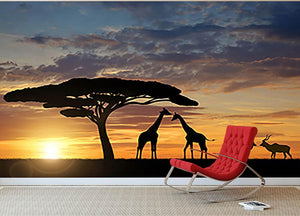 Giraffes with Kudu at sunset Wall Mural Wallpaper - Canvas Art Rocks - 2
