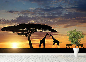 Giraffes with Kudu at sunset Wall Mural Wallpaper - Canvas Art Rocks - 4