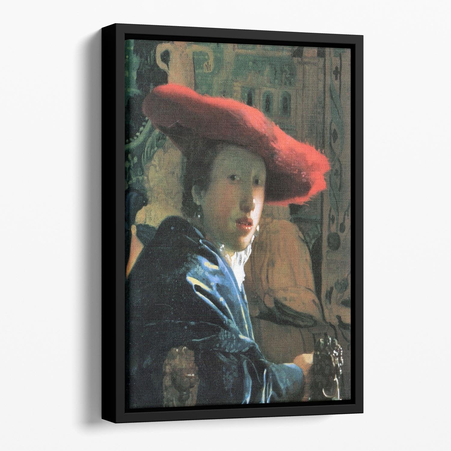 Girl with red hat by Vermeer Floating Framed Canvas