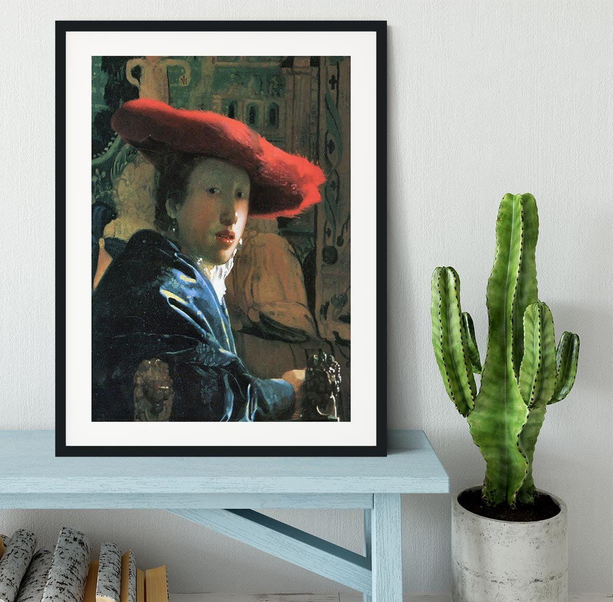 Girl with red hat by Vermeer Framed Print - Canvas Art Rocks - 1