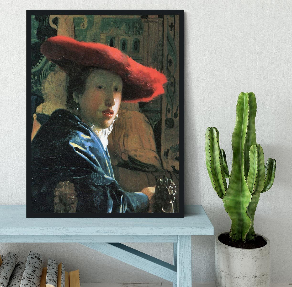 Girl with red hat by Vermeer Framed Print - Canvas Art Rocks - 2