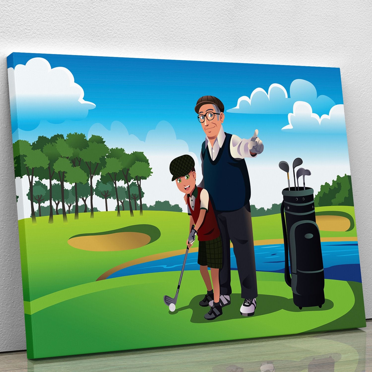Grandfather teaching his grandson playing golf Canvas Print or Poster