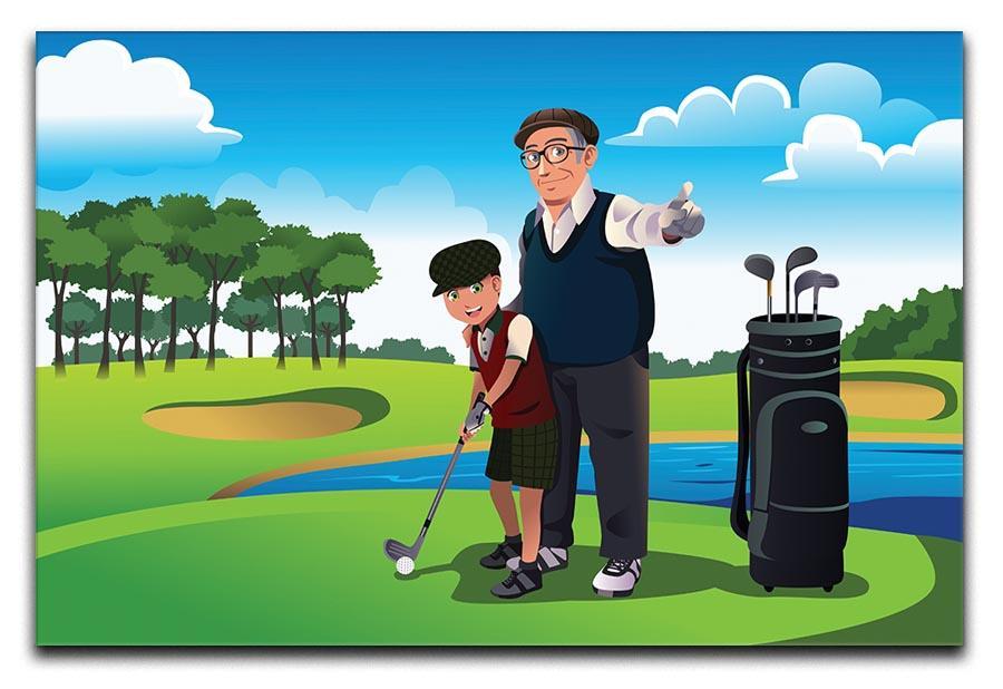 Grandfather teaching his grandson playing golf Canvas Print or Poster  - Canvas Art Rocks - 1