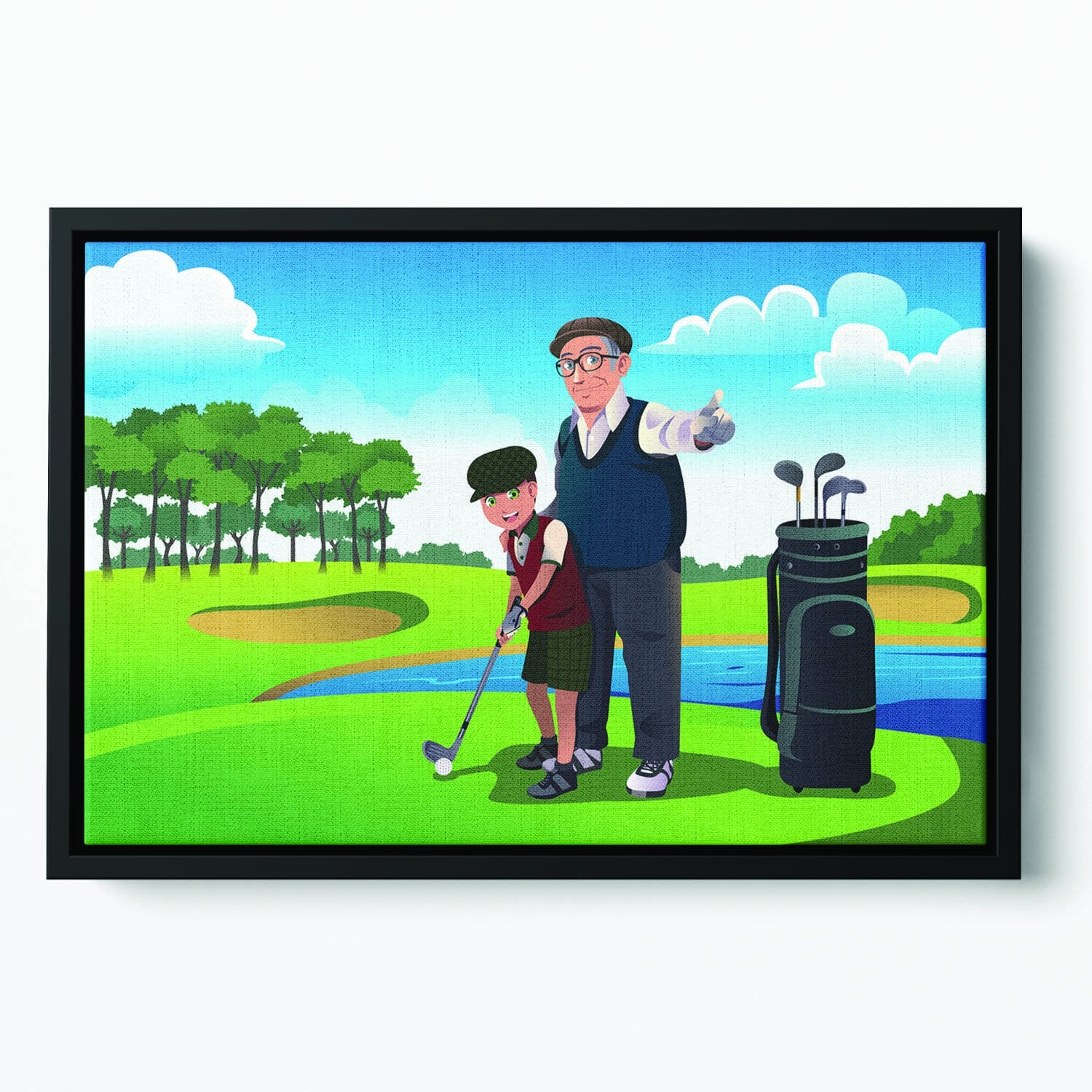 Grandfather teaching his grandson playing golf Floating Framed Canvas