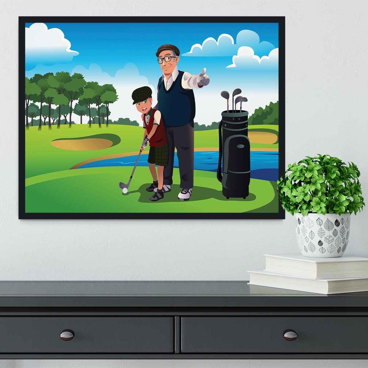 Grandfather teaching his grandson playing golf Framed Print - Canvas Art Rocks - 2
