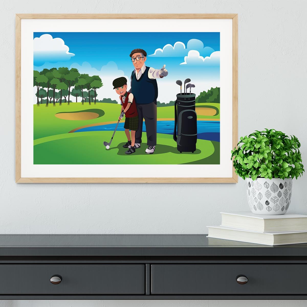 Grandfather teaching his grandson playing golf Framed Print - Canvas Art Rocks - 3