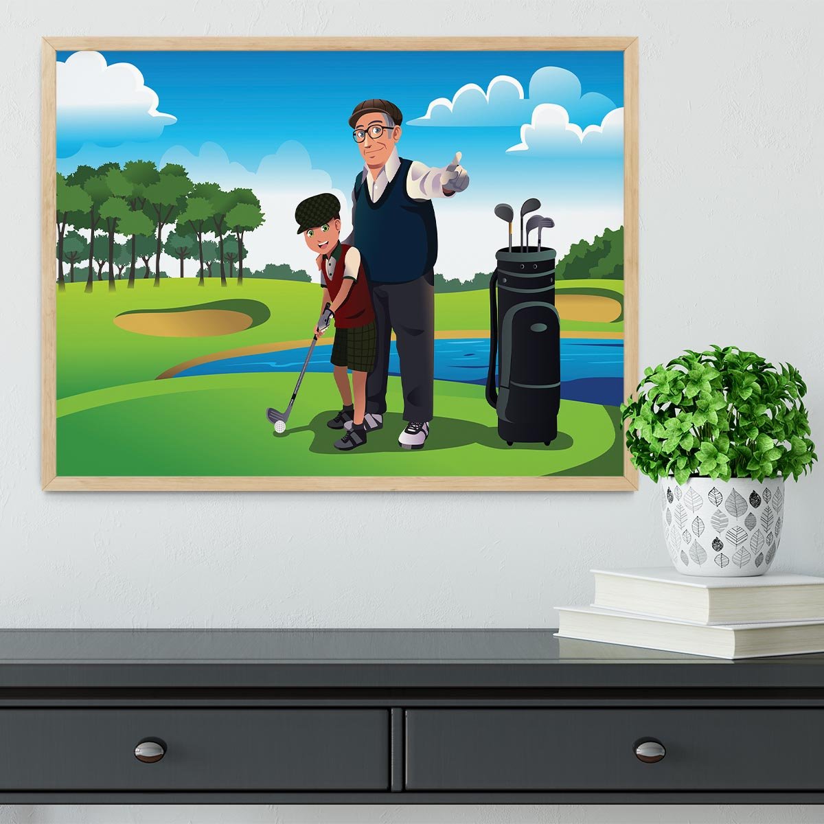 Grandfather teaching his grandson playing golf Framed Print - Canvas Art Rocks - 4