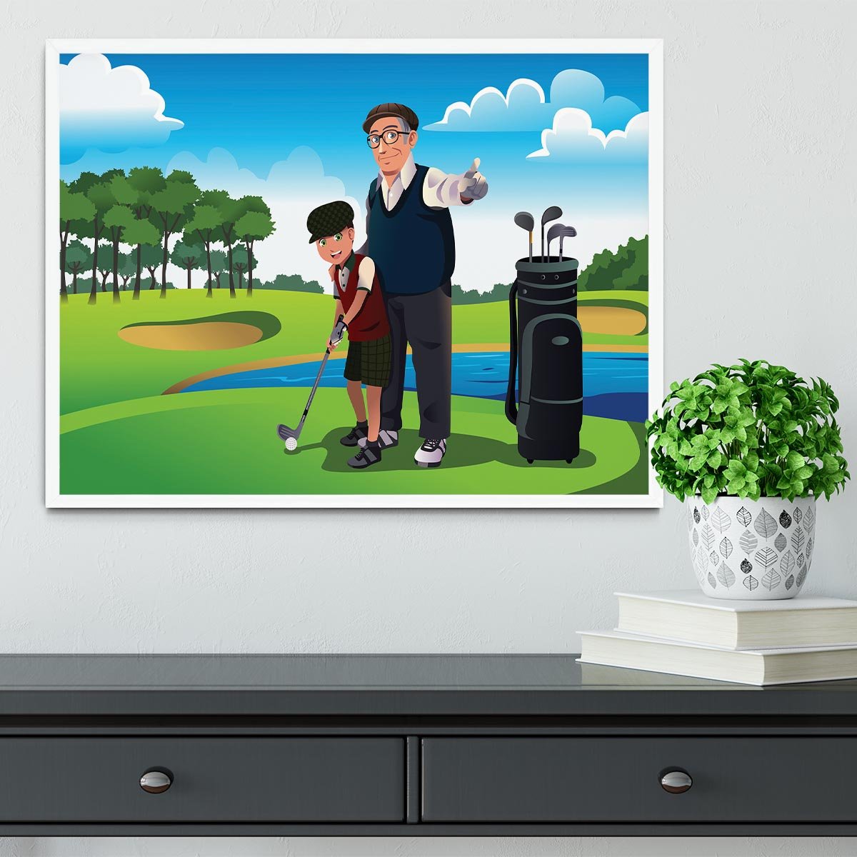 Grandfather teaching his grandson playing golf Framed Print - Canvas Art Rocks -6
