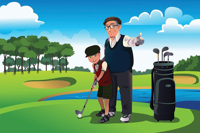 Grandfather teaching his grandson playing golf Wall Mural Wallpaper