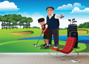 Grandfather teaching his grandson playing golf Wall Mural Wallpaper - Canvas Art Rocks - 3