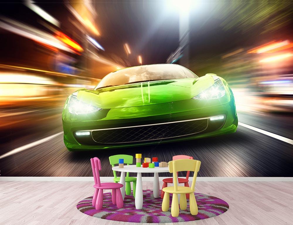 Green Race Car Wall Mural Wallpaper - Canvas Art Rocks - 3
