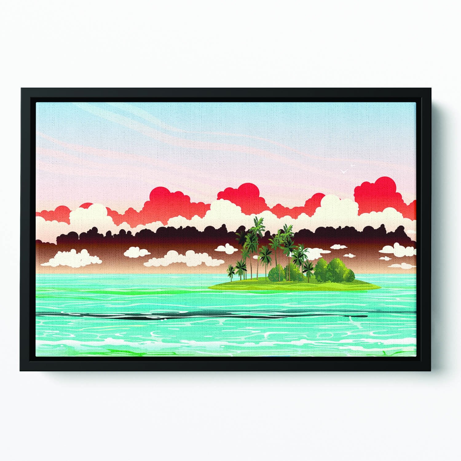 Green island with coconut palms Floating Framed Canvas