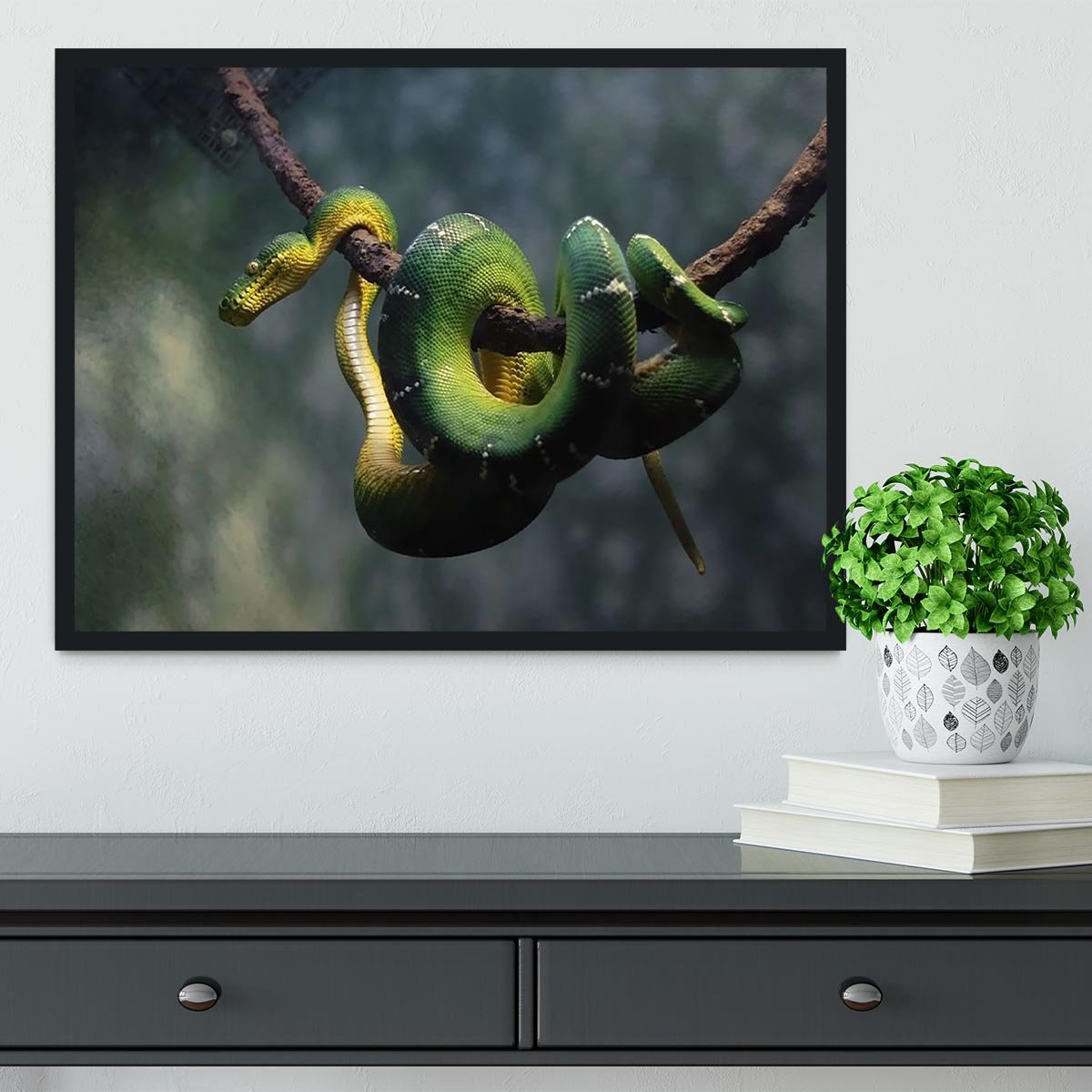 Green snake hangs on branch Framed Print - Canvas Art Rocks - 2