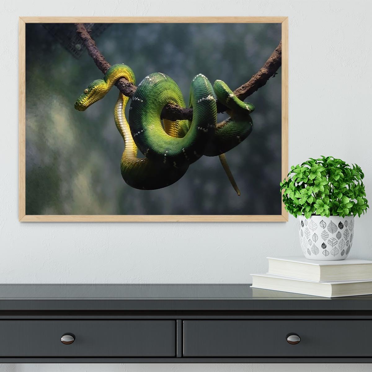 Green snake hangs on branch Framed Print - Canvas Art Rocks - 4