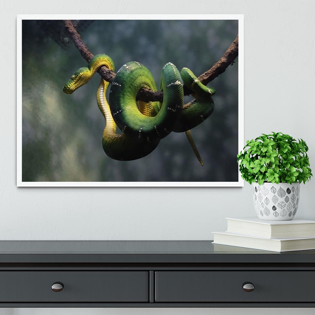Green snake hangs on branch Framed Print - Canvas Art Rocks -6