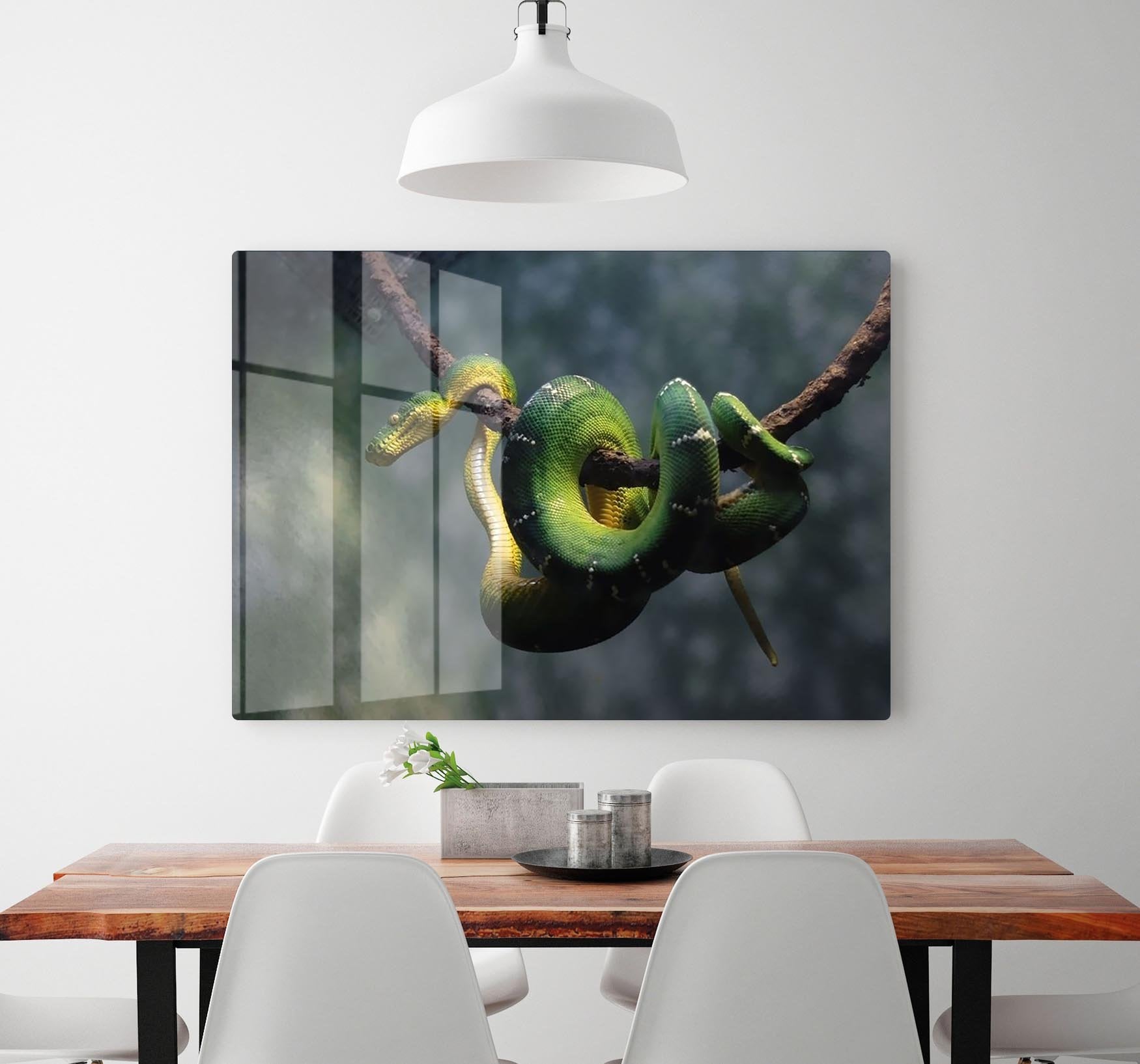 Green snake hangs on branch HD Metal Print - Canvas Art Rocks - 2