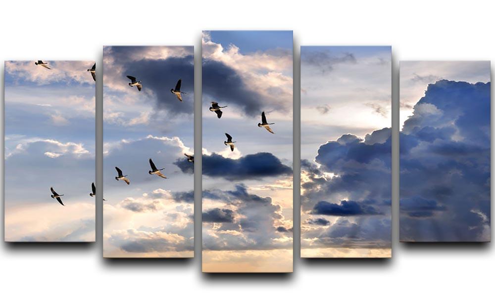 Group of Canadian geese flying in V-formation 5 Split Panel Canvas - Canvas Art Rocks - 1