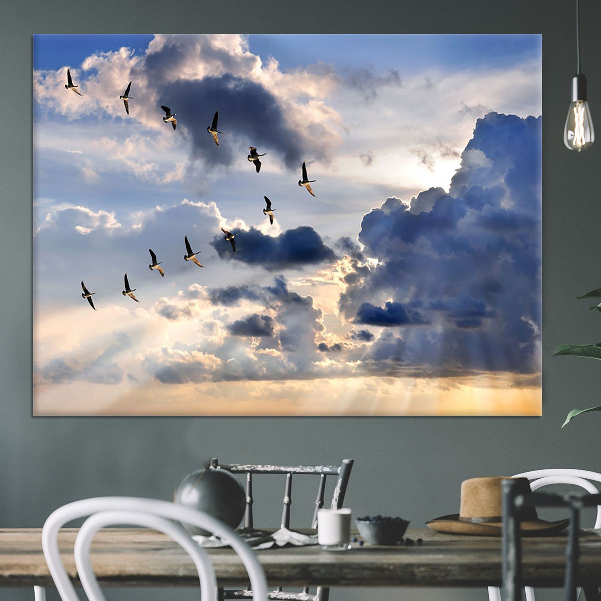 Group of Canadian geese flying in V-formation Canvas Print or Poster