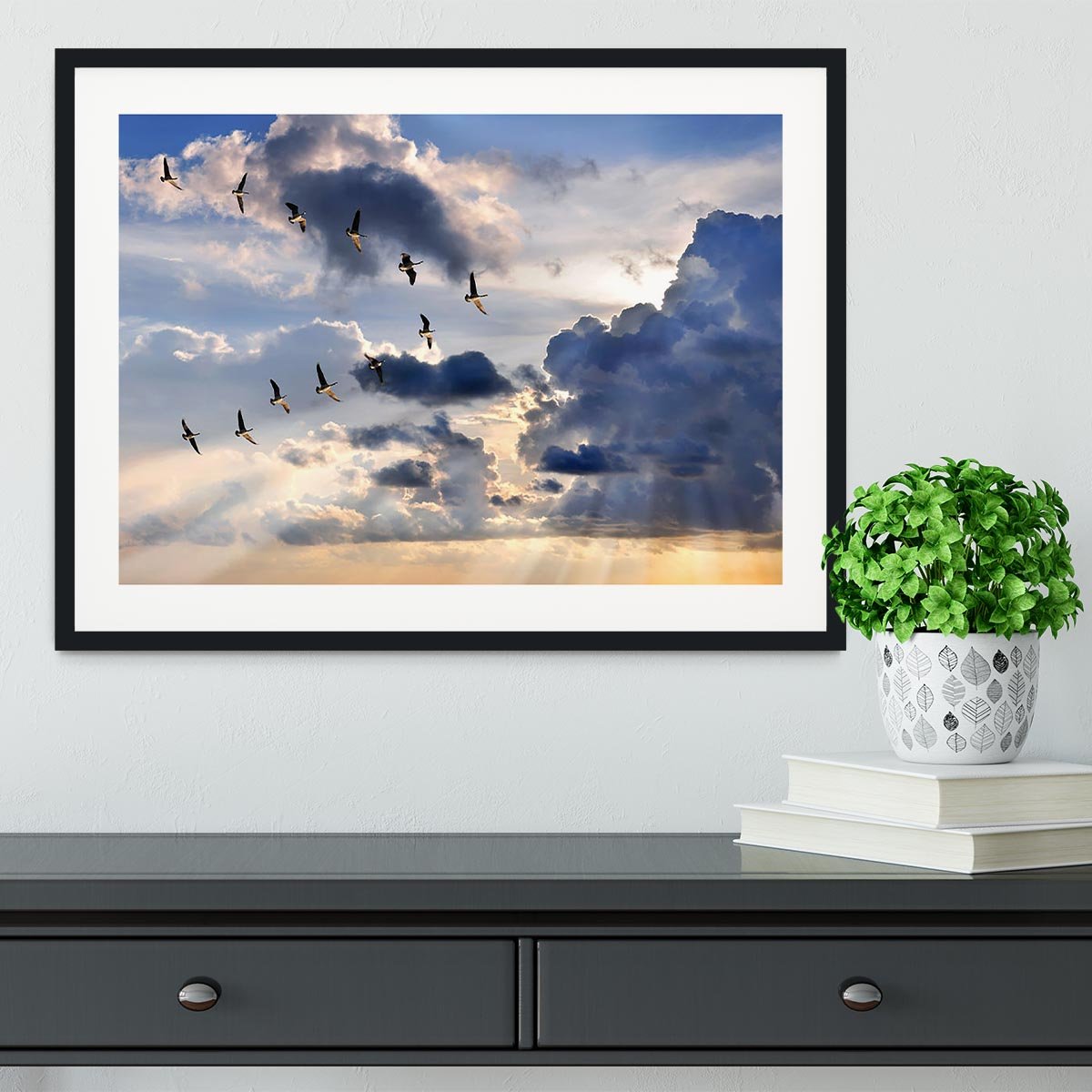 Group of Canadian geese flying in V-formation Framed Print - Canvas Art Rocks - 1