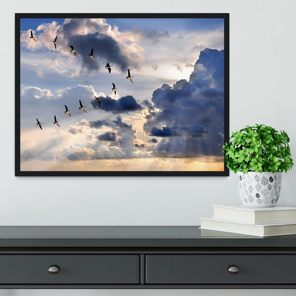 Group of Canadian geese flying in V-formation Framed Print - Canvas Art Rocks - 2