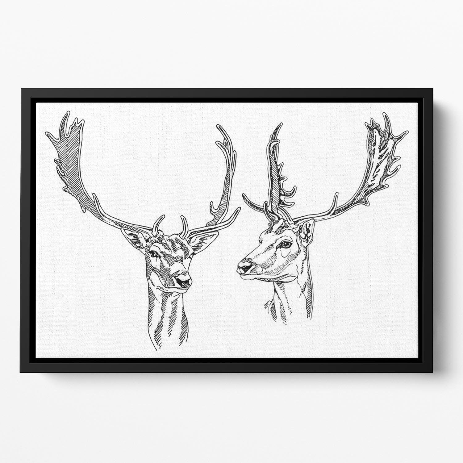 Hand drawn deer heads Floating Framed Canvas - Canvas Art Rocks - 2