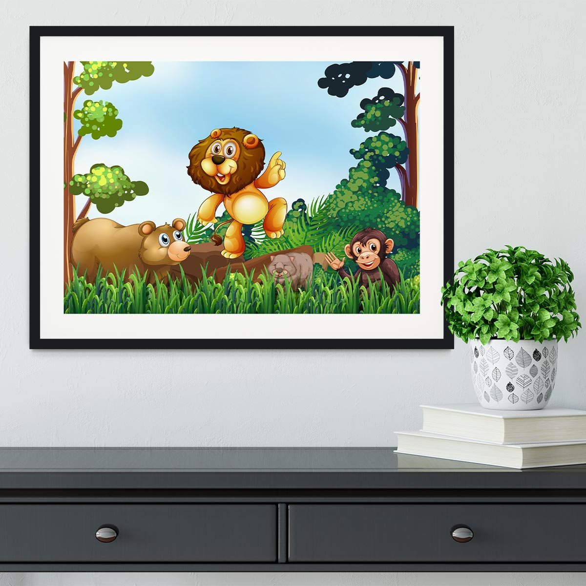 Happy animals living in the jungle Framed Print - Canvas Art Rocks - 1