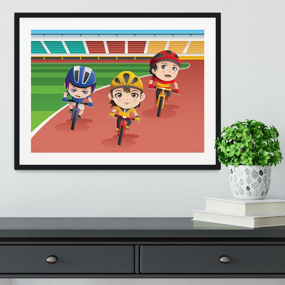 Happy kids in a bicycle race Framed Print - Canvas Art Rocks - 1