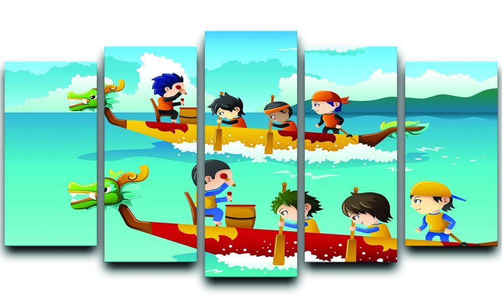 Happy kids in a boat race 5 Split Panel Canvas  - Canvas Art Rocks - 1