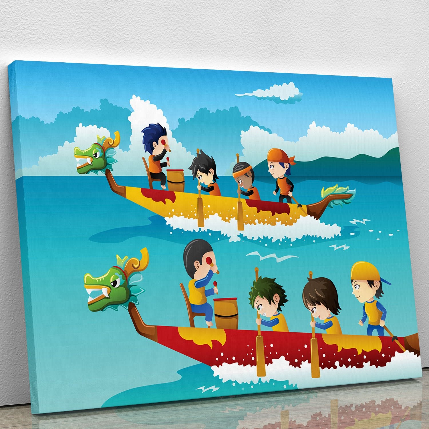 Happy kids in a boat race Canvas Print or Poster