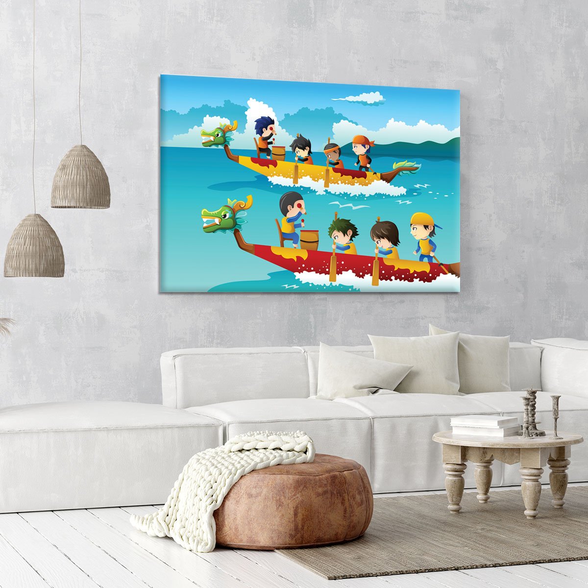 Happy kids in a boat race Canvas Print or Poster