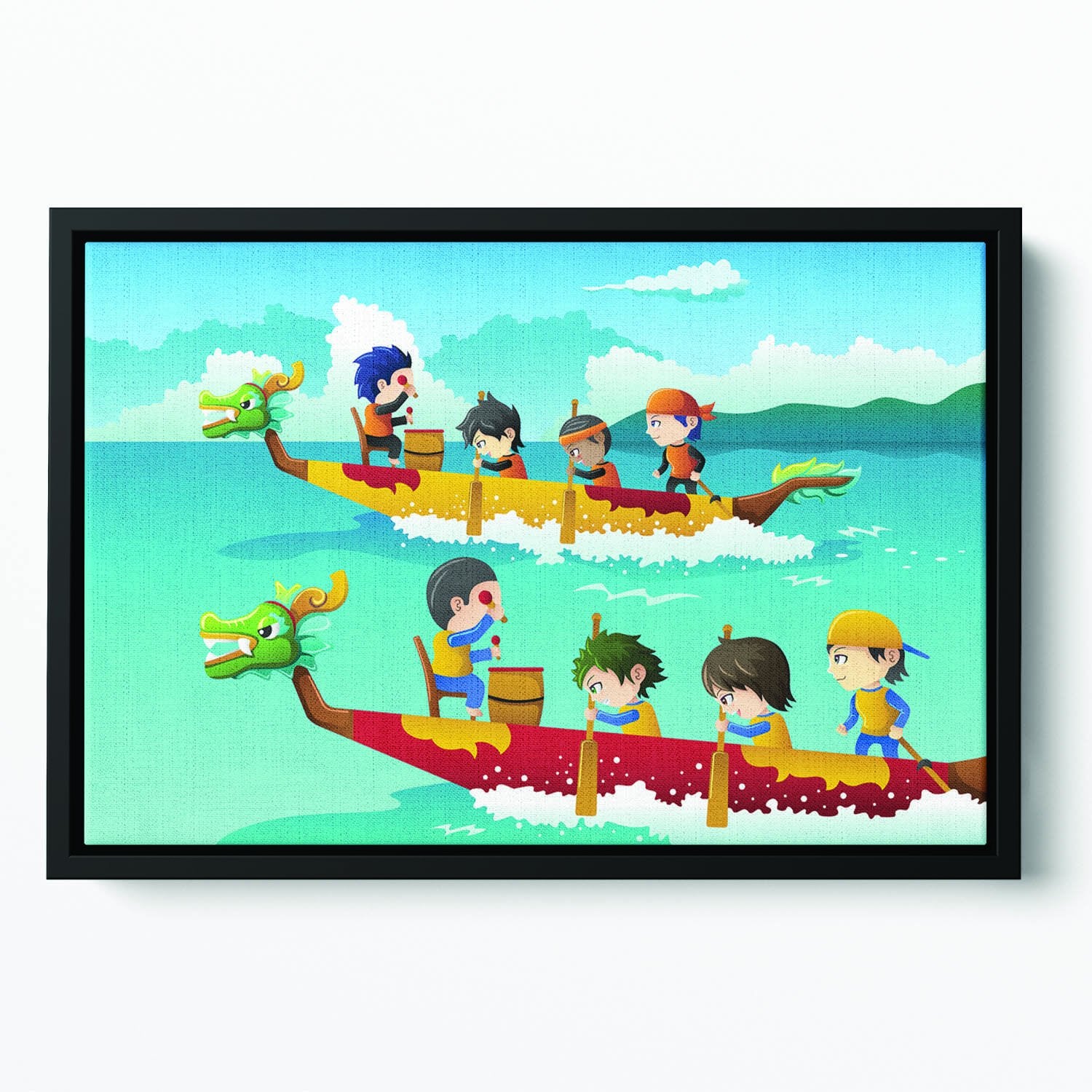 Happy kids in a boat race Floating Framed Canvas