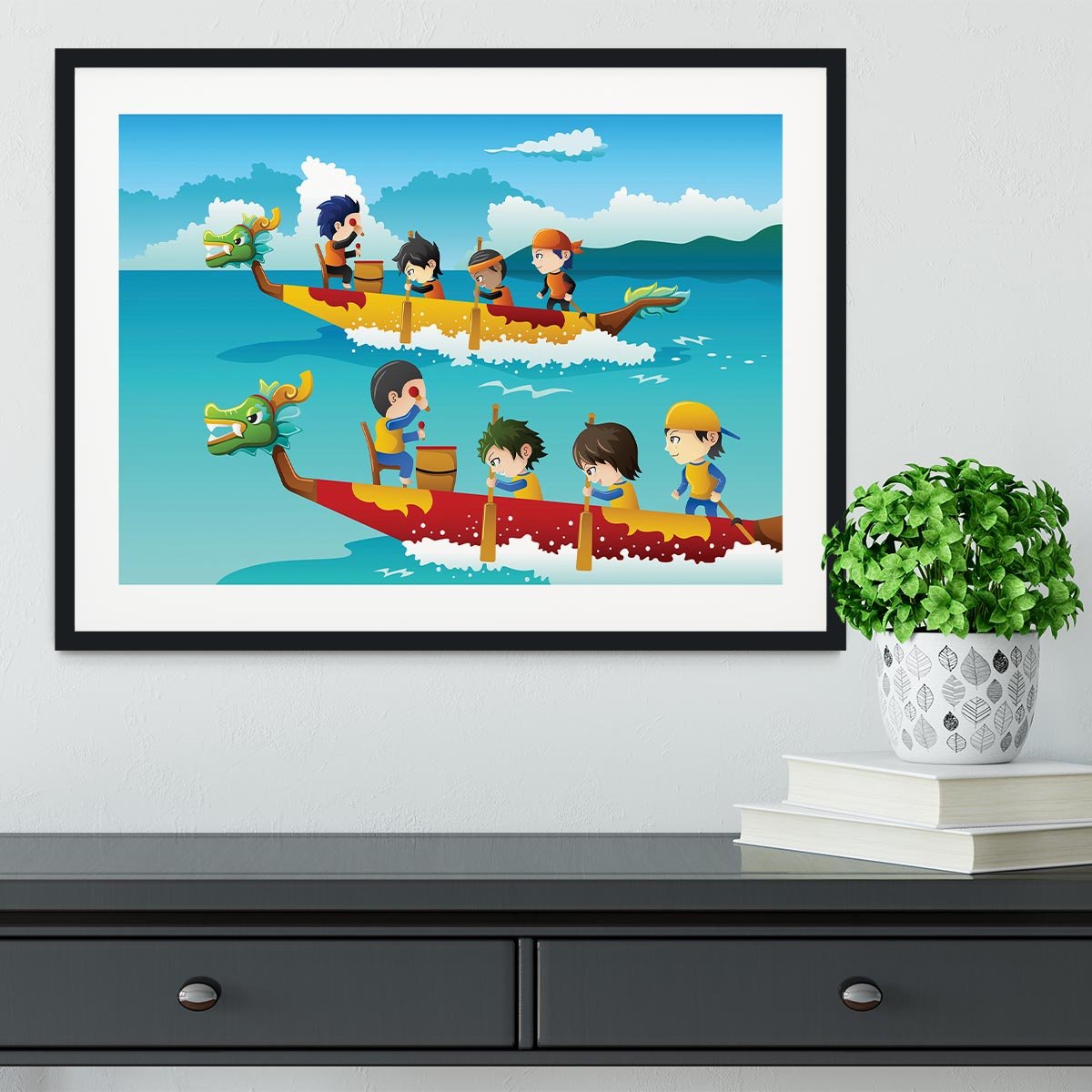 Happy kids in a boat race Framed Print - Canvas Art Rocks - 1