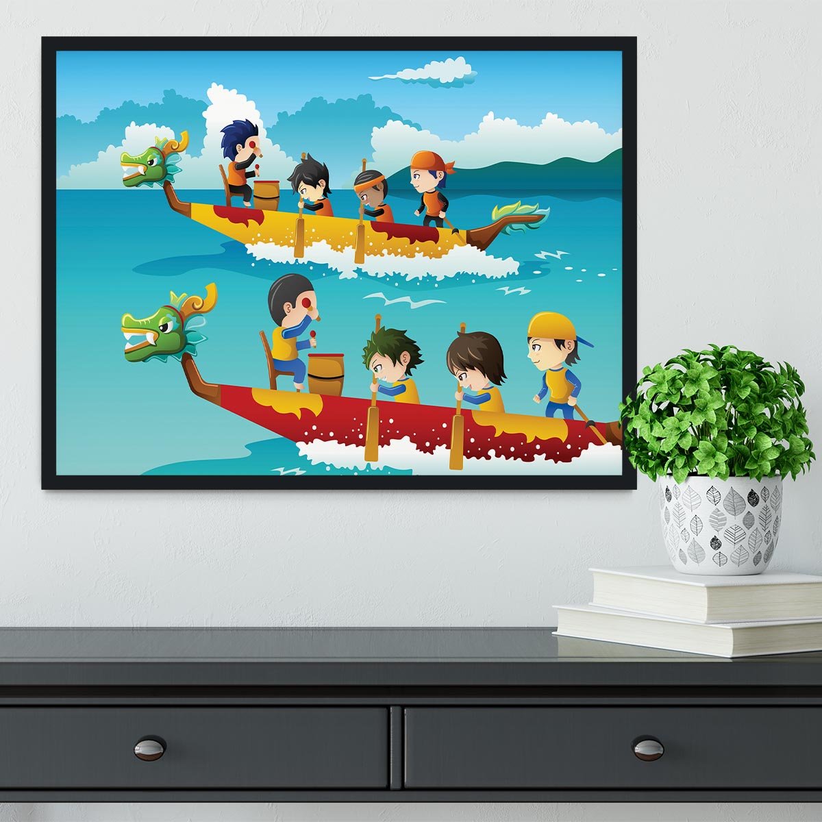 Happy kids in a boat race Framed Print - Canvas Art Rocks - 2