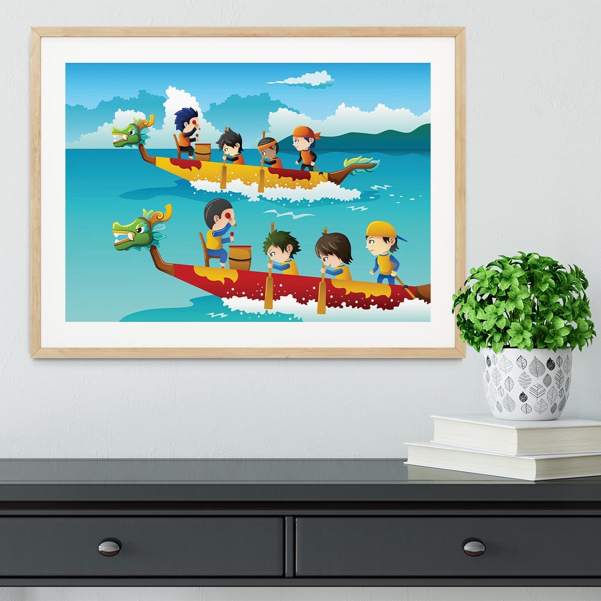Happy kids in a boat race Framed Print - Canvas Art Rocks - 3