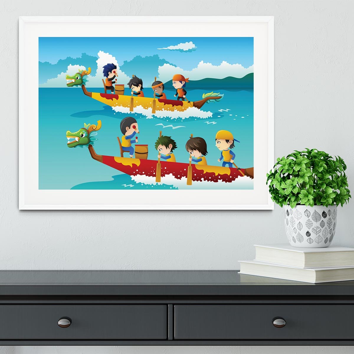 Happy kids in a boat race Framed Print - Canvas Art Rocks - 5
