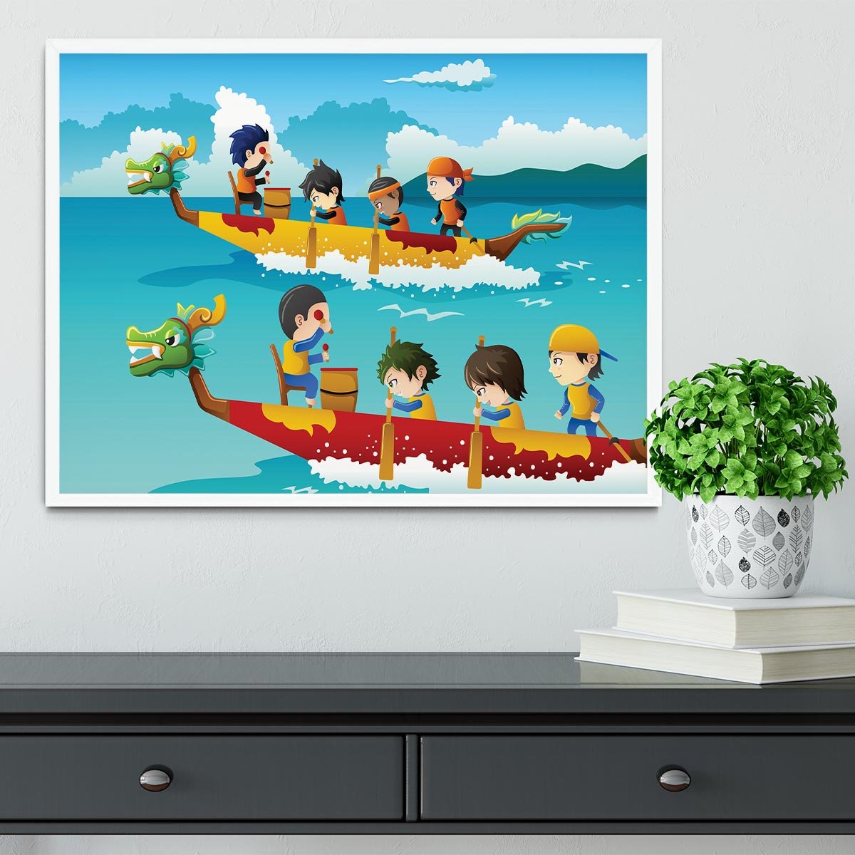 Happy kids in a boat race Framed Print - Canvas Art Rocks -6